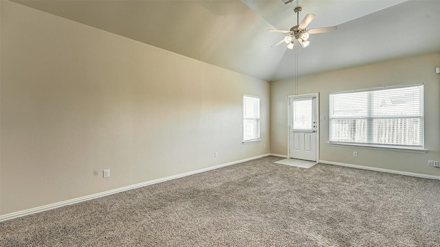 32706 Oak Heights Ln, Brookshire, TX 77423 - spare room featuring carpet, a ceiling fan, vaulted ceiling, and baseboards