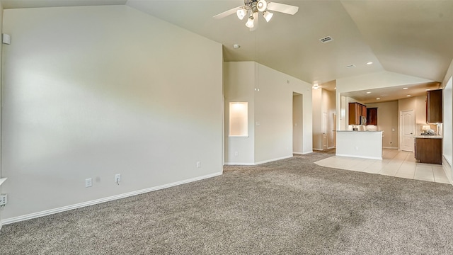 32706 Oak Heights Ln, Brookshire, TX 77423 - unfurnished living room with lofted ceiling, light carpet, a ceiling fan, baseboards, and recessed lighting