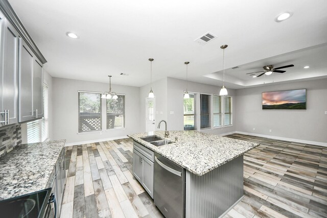 25450 Killarney St, Hempstead, TX 77445 - kitchen featuring a sink, dishwasher, gray cabinetry, baseboards, and recessed lighting