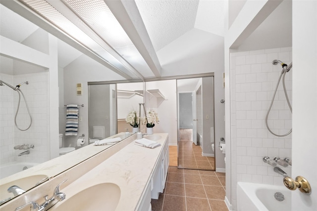 3317 Golden Trails Dr Unit 802, Houston, TX 77345 - full bathroom with shower / bath combination, tile patterned flooring, vanity, toilet, and vaulted ceiling