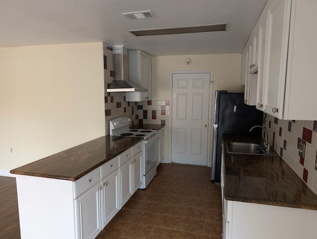 2223 Sentinal Oaks St, Sugar Land, TX 77478 - kitchen with wall chimney range hood, white electric stove, dark countertops, a peninsula, and white cabinets