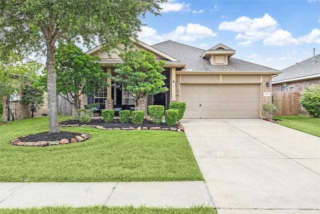 2304 Cantabria Ln, League City, TX 77573 - view of front of house featuring brick siding, a shingled roof, driveway, an attached garage, and covered porch