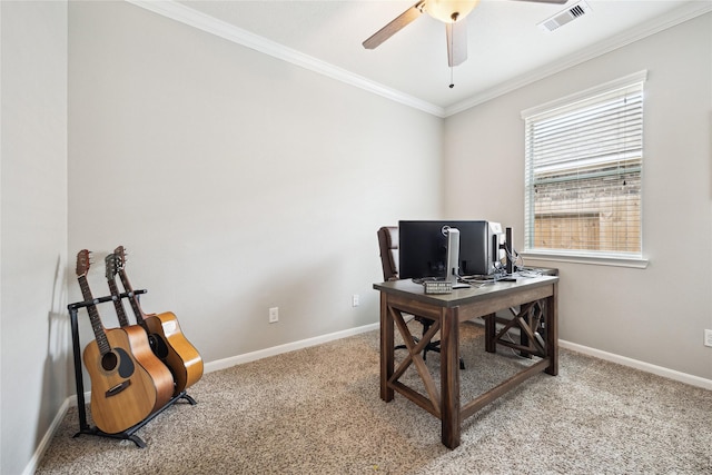 2304 Cantabria Ln, League City, TX 77573 - carpeted home office featuring a ceiling fan, crown molding, and baseboards