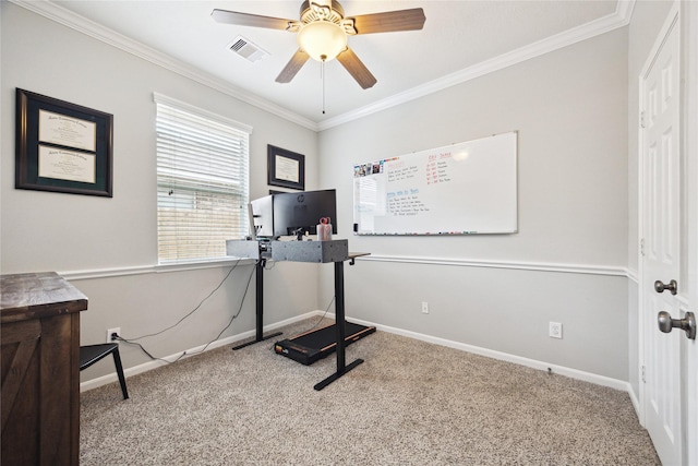 2304 Cantabria Ln, League City, TX 77573 - workout room featuring carpet flooring, ornamental molding, ceiling fan, and baseboards