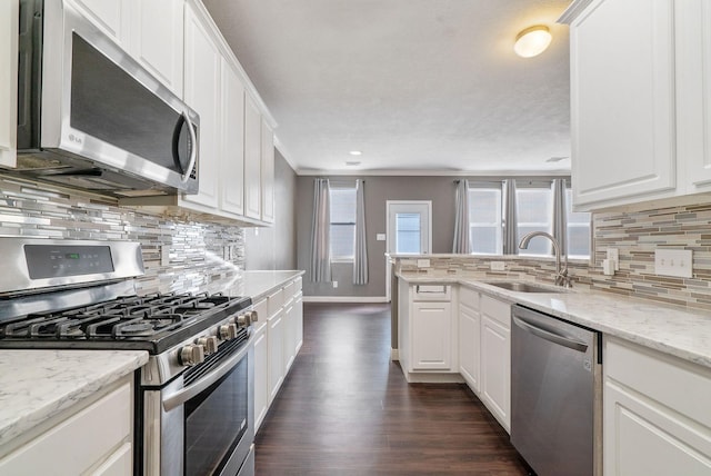 17139 Oakwood Chase Dr, Spring, TX 77379 - kitchen with stainless steel appliances, a sink, dark wood-type flooring, baseboards, and decorative backsplash