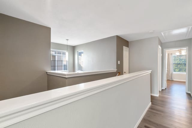 17139 Oakwood Chase Dr, Spring, TX 77379 - hall featuring attic access, wood finished floors, and baseboards
