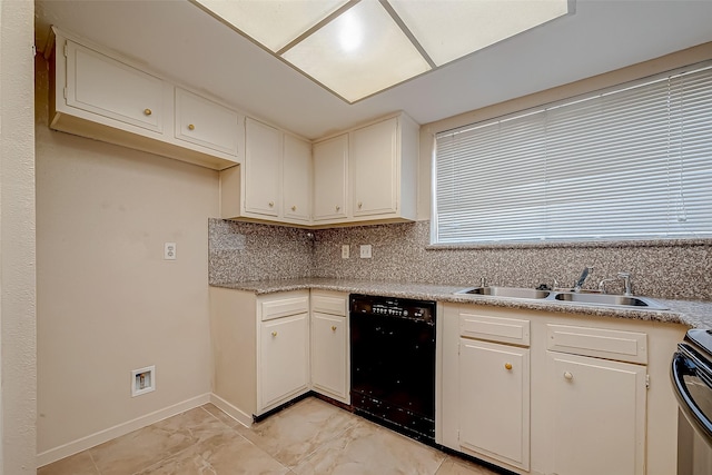 7650 Smiling Wood Ln, Houston, TX 77086 - kitchen featuring black dishwasher, a sink, decorative backsplash, and light marble finish flooring