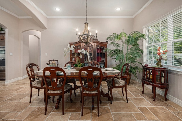 1827 E Cedar Bayou Lynchburg Rd, Baytown, TX 77521 - dining room featuring stone tile floors, a chandelier, recessed lighting, arched walkways, and baseboards