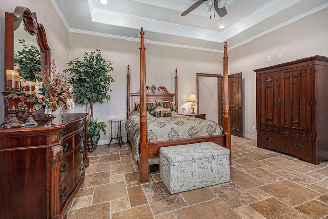 1827 E Cedar Bayou Lynchburg Rd, Baytown, TX 77521 - bedroom featuring stone tile flooring, a tray ceiling, crown molding, baseboards, and ceiling fan