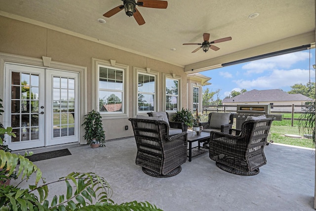 1827 E Cedar Bayou Lynchburg Rd, Baytown, TX 77521 - view of patio / terrace featuring french doors, a ceiling fan, outdoor lounge area, and area for grilling