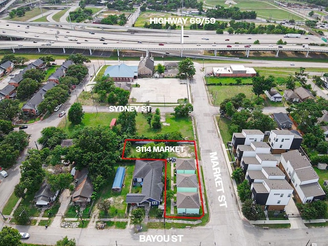 3114 Market St, Houston, TX 77020 - aerial view of residential area featuring a major roadway and property parcel outlined