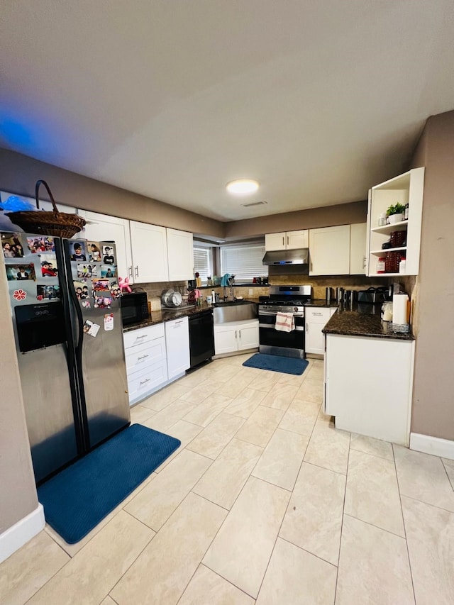 6639 Seaton Valley Dr, Spring, TX 77379 - kitchen featuring black appliances, open shelves, under cabinet range hood, and white cabinets
