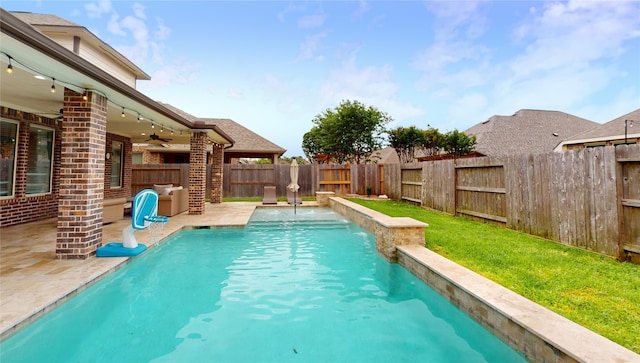 19823 Molly Winters Ln, Cypress, TX 77433 - view of pool featuring ceiling fan, a fenced backyard, and a patio
