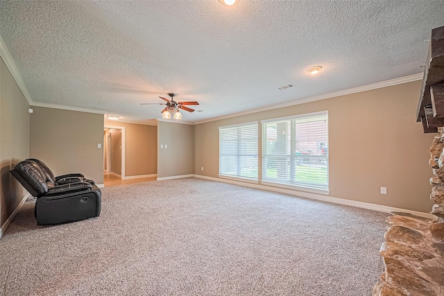 3705 Autumn Ln, Baytown, TX 77521 - unfurnished room featuring light colored carpet, a textured ceiling, ornamental molding, baseboards, and ceiling fan