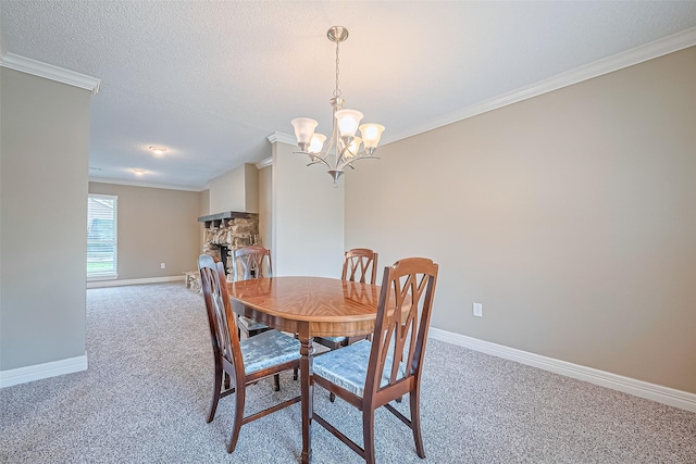 3705 Autumn Ln, Baytown, TX 77521 - dining space with light carpet, crown molding, baseboards, a chandelier, and a stone fireplace