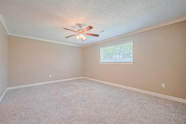 3705 Autumn Ln, Baytown, TX 77521 - empty room with ornamental molding, a textured ceiling, a ceiling fan, carpet floors, and baseboards