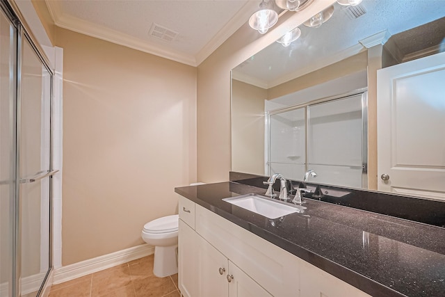 3705 Autumn Ln, Baytown, TX 77521 - bathroom featuring crown molding, a shower stall, toilet, and vanity