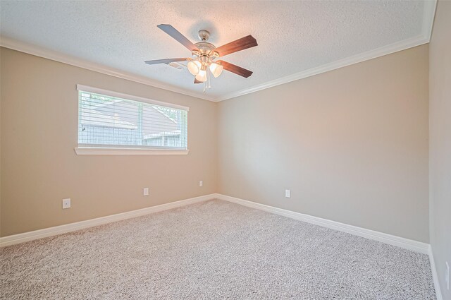 3705 Autumn Ln, Baytown, TX 77521 - carpeted empty room featuring crown molding, a textured ceiling, a ceiling fan, and baseboards