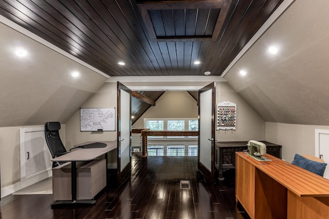 44 Post Oak Dr, Huntsville, TX 77320 - office with baseboards, dark wood finished floors, recessed lighting, wood ceiling, and lofted ceiling