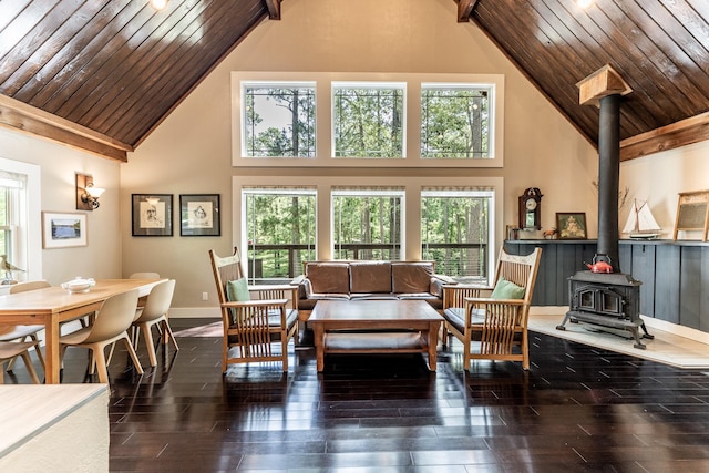 44 Post Oak Dr, Huntsville, TX 77320 - dining room featuring high vaulted ceiling, a wood stove, wooden ceiling, hardwood / wood-style floors, and baseboards