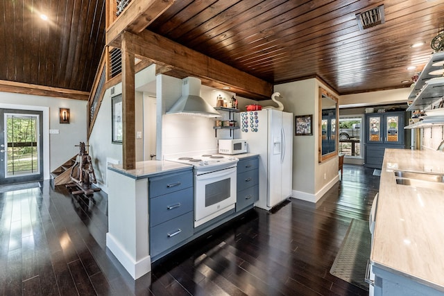 44 Post Oak Dr, Huntsville, TX 77320 - kitchen featuring exhaust hood, white appliances, wood ceiling, baseboards, and open shelves
