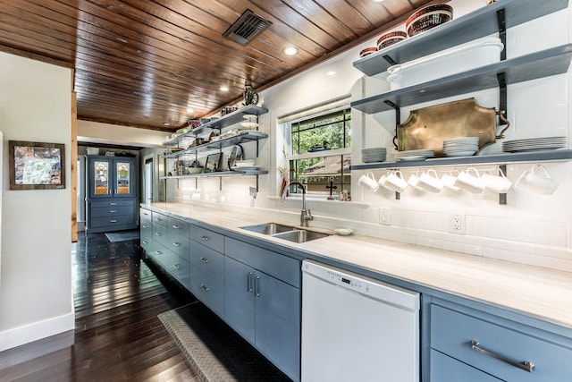44 Post Oak Dr, Huntsville, TX 77320 - kitchen with open shelves, white dishwasher, a sink, wooden ceiling, and blue cabinets