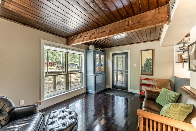 44 Post Oak Dr, Huntsville, TX 77320 - living room featuring wooden ceiling with exposed beams, dark wood-style floors, and baseboards