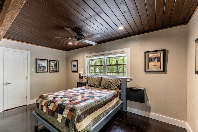 44 Post Oak Dr, Huntsville, TX 77320 - bedroom with wood ceiling, baseboards, dark wood-style floors, a textured wall, and a ceiling fan