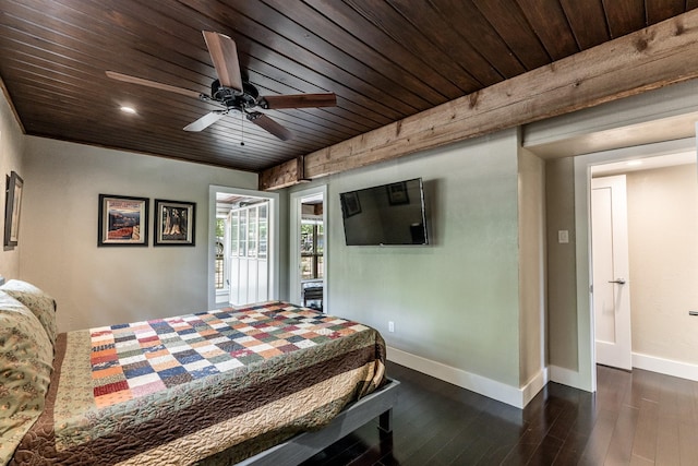 44 Post Oak Dr, Huntsville, TX 77320 - bedroom with wood ceiling, baseboards, dark wood-style flooring, a ceiling fan, and recessed lighting