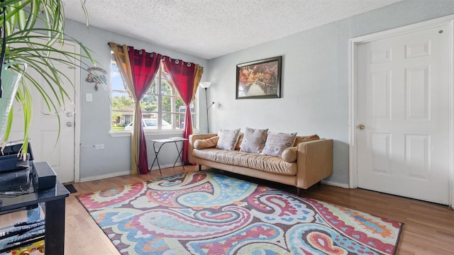 3814 Ripplebrook Dr, Houston, TX 77045 - living area featuring wood finished floors, a textured ceiling, and baseboards