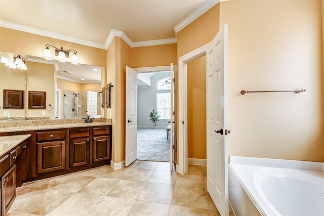 4706 Payton Chase Ln, Katy, TX 77494 - bathroom featuring vanity, a shower stall, crown molding, a bath, and tile patterned flooring