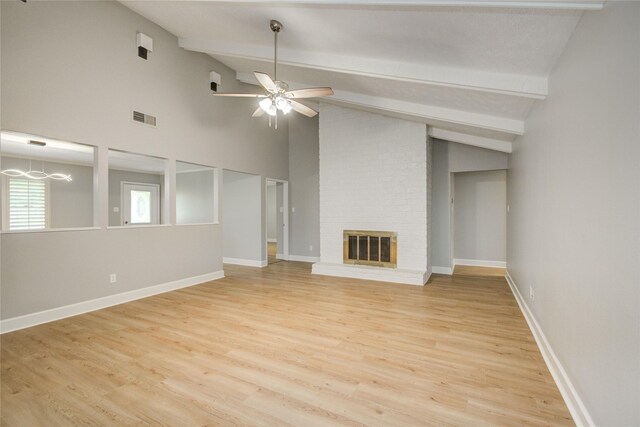 2706 Williams Grant St, Sugar Land, TX 77479 - unfurnished living room with a brick fireplace, light wood finished floors, a ceiling fan, and baseboards