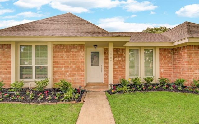 2706 Williams Grant St, Sugar Land, TX 77479 - doorway to property featuring roof with shingles, brick siding, and a lawn