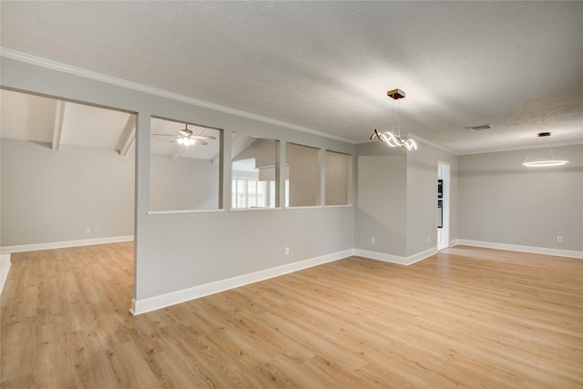 2706 Williams Grant St, Sugar Land, TX 77479 - empty room featuring ornamental molding, light wood finished floors, baseboards, a ceiling fan, and a textured ceiling