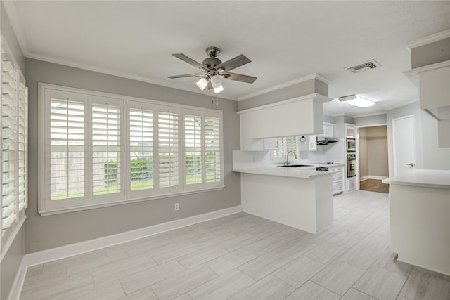 2706 Williams Grant St, Sugar Land, TX 77479 - kitchen featuring a ceiling fan, light countertops, a peninsula, white cabinets, and ornamental molding