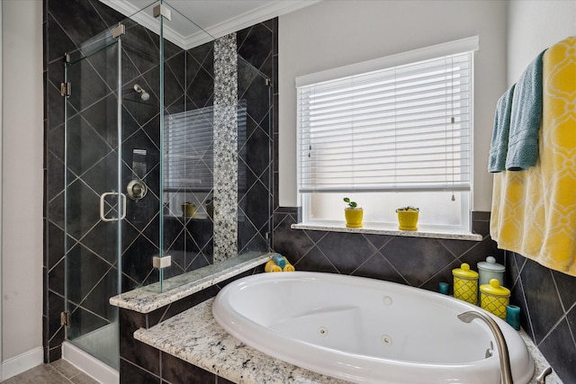 12226 Brighton Brook Ln, Tomball, TX 77377 - bathroom with a whirlpool tub, a stall shower, plenty of natural light, and crown molding