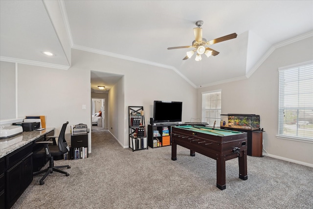 12226 Brighton Brook Ln, Tomball, TX 77377 - rec room featuring plenty of natural light, light carpet, a ceiling fan, ornamental molding, and vaulted ceiling
