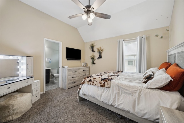 12226 Brighton Brook Ln, Tomball, TX 77377 - carpeted bedroom featuring vaulted ceiling, ensuite bath, and ceiling fan