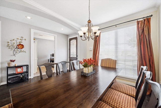 12226 Brighton Brook Ln, Tomball, TX 77377 - dining area featuring a chandelier, ornamental molding, recessed lighting, and baseboards