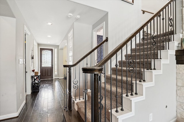 12226 Brighton Brook Ln, Tomball, TX 77377 - foyer with baseboards, dark wood-style floors, stairway, and recessed lighting