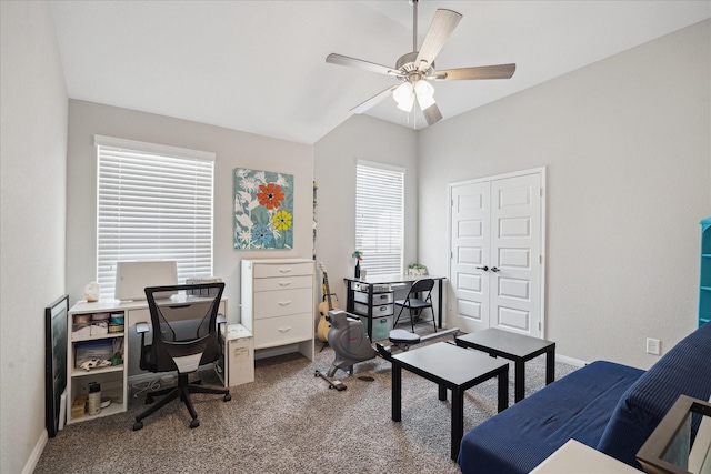 12226 Brighton Brook Ln, Tomball, TX 77377 - office with a ceiling fan, carpet flooring, baseboards, and vaulted ceiling