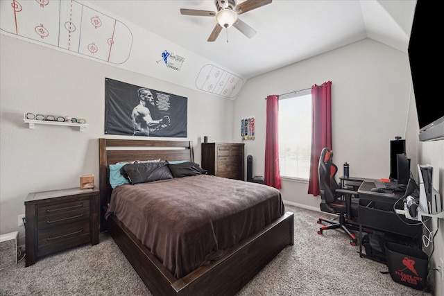 12226 Brighton Brook Ln, Tomball, TX 77377 - carpeted bedroom featuring vaulted ceiling, ceiling fan, an office area, and baseboards