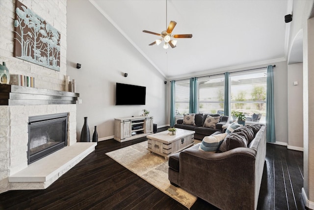 12226 Brighton Brook Ln, Tomball, TX 77377 - living area featuring ceiling fan, a fireplace, crown molding, dark wood-style flooring, and baseboards