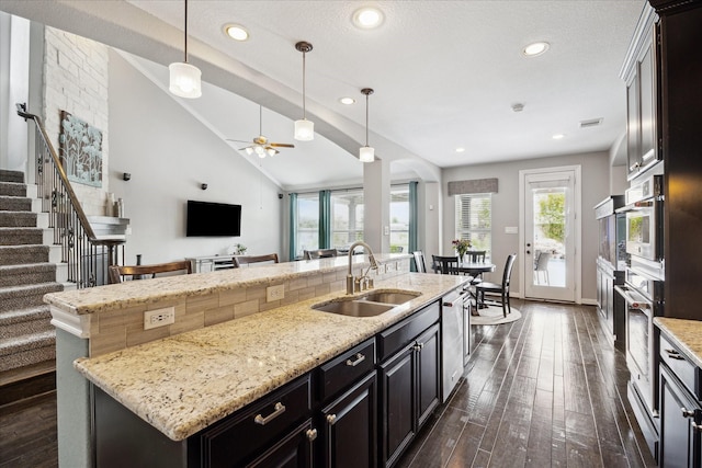 12226 Brighton Brook Ln, Tomball, TX 77377 - kitchen with a sink, open floor plan, a ceiling fan, dark wood finished floors, and recessed lighting