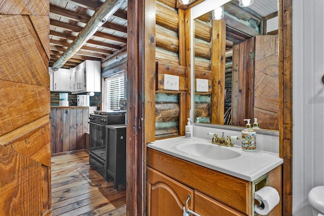 1356 Pegoda Ranch Rd, Woodlake, TX 75865 - bathroom with wooden ceiling with exposed beams, wood-type flooring, and vanity