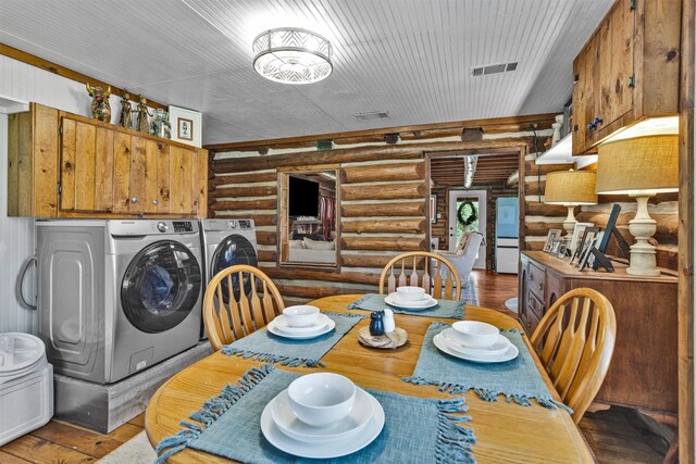 1356 Pegoda Ranch Rd, Woodlake, TX 75865 - dining area with washing machine and clothes dryer, log walls, and wood-type flooring