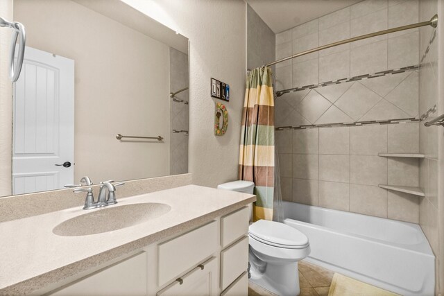 143 Jacks Corner Dr, Montgomery, TX 77316 - bathroom with vanity, shower / tub combo with curtain, toilet, tile patterned flooring, and a textured wall