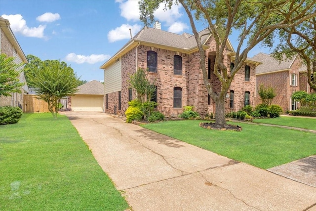 4910 Bayfair St, Pasadena, TX 77505 - view of front facade with brick siding, a garage, and a chimney