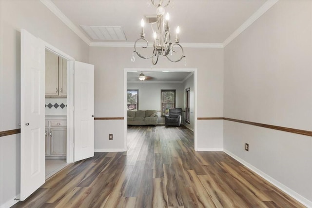 4910 Bayfair St, Pasadena, TX 77505 - unfurnished dining area with a chandelier, wood finished floors, ornamental molding, and a ceiling fan