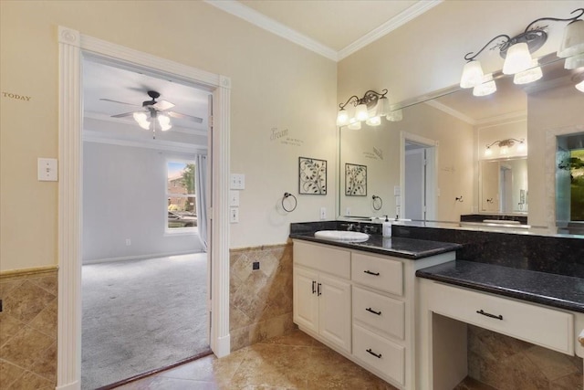4910 Bayfair St, Pasadena, TX 77505 - bathroom with vanity, ornamental molding, tile patterned flooring, and ceiling fan